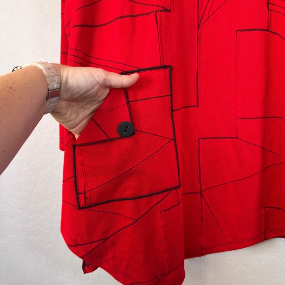 Ali Miles Red Tunic Top XL Cowl Neck Geometric Pocket Long Sleeve - Picture 3 of 6